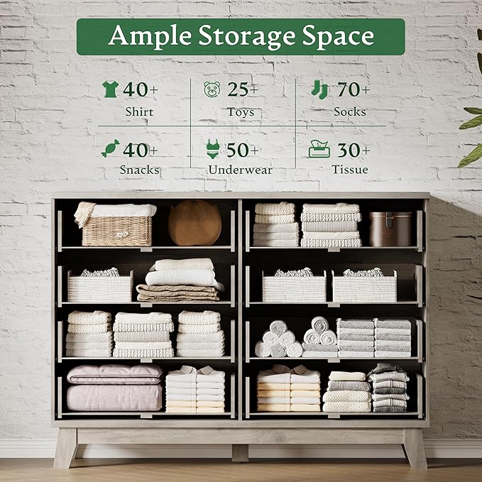 Fluted Dresser with 8 Drawers, 54" Wide Wood Chest of Drawers with Metal Handle, Wooden Dresser TV Stand, Modern Closet Clothes Storage Organizer for Bedroom, Living Room, Hallway, Light Grey