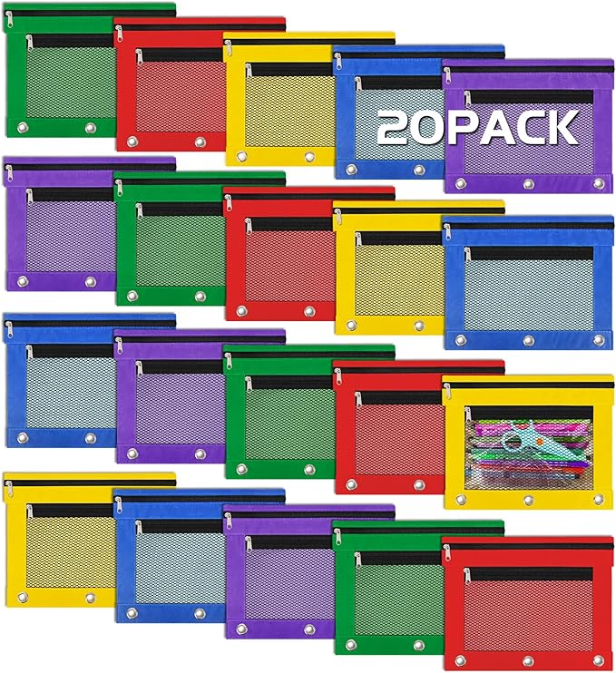 IKAYAS 20 Pack Pencil Pouch for 3 Ring Binder bulk Binder Pencil Pouch with Zipper, Pencil Pouches Pencil Bags for Classroom bulk Pencil Box Pencil Case for Storing School Students Teacher Supplies