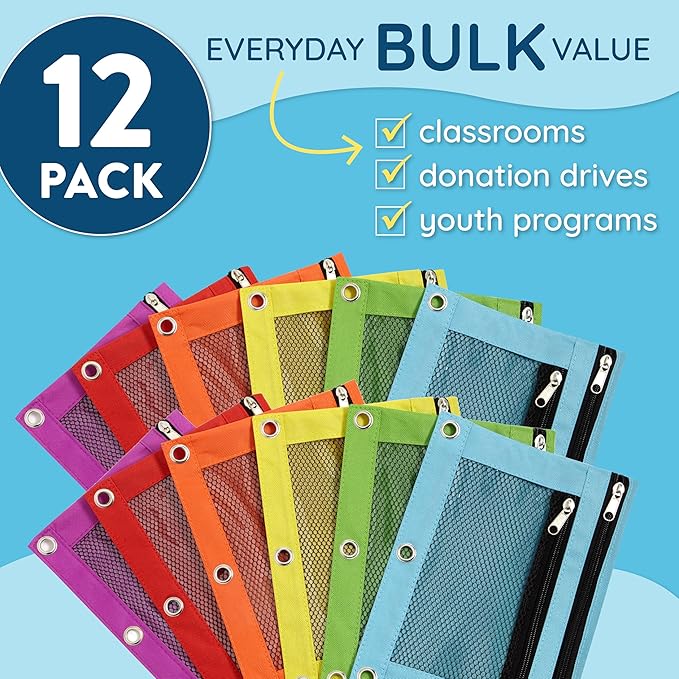 Blue Summit Supplies Pencil Pouches, Bulk Pencil Pouch 12 Pack in Assorted Colors for Storing School Supplies, Writing Utensils, and more, Cloth Zipper Pouches for 3 Ring Binders, 12 Count