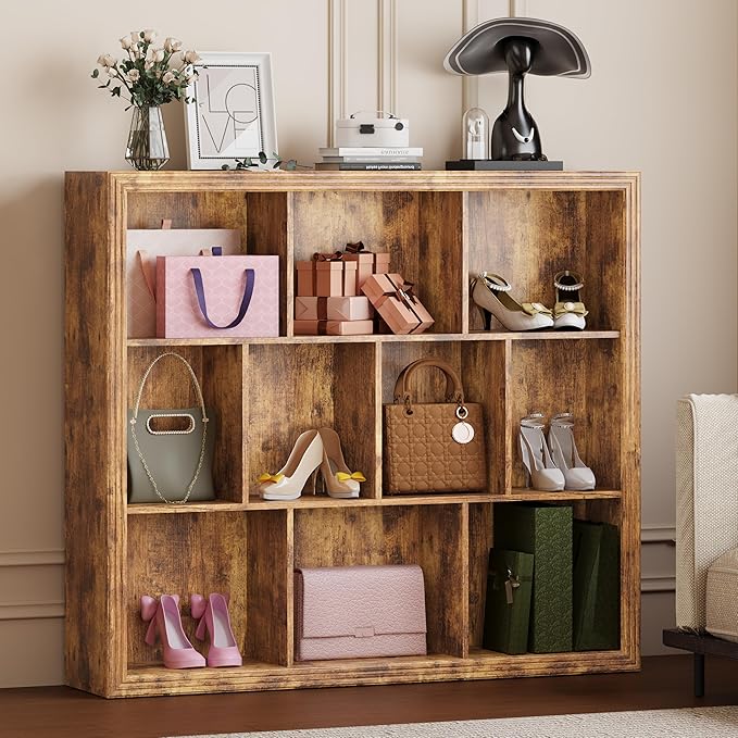 Wooden 10-Cube Storage Organizer, 3-Tier Bookshelf, Wood Brown Bookshelf, Bookcase, Cubical Storage Shelf with 3 Removable Back Panels for Bedroom Home and Office (Brown)