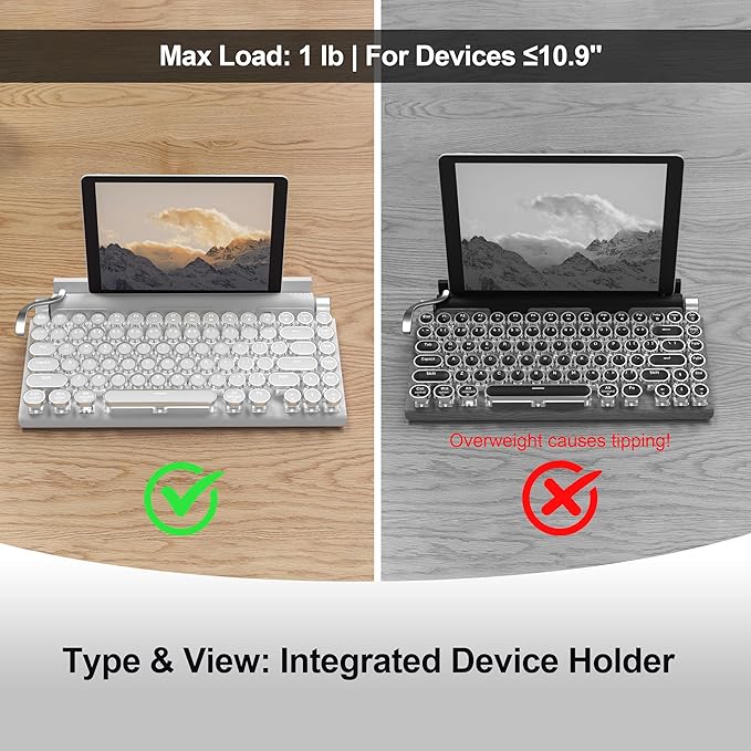 Retro Typewriter Wireless Mechanical Gaming Keyboard, Bluetooth 5.0 Office Computer Vintage Keyboards 83-Key Blue Switches Punk Round Keycap, LED Backlight, Compatible with PC/Laptop/Pad/Phone, White