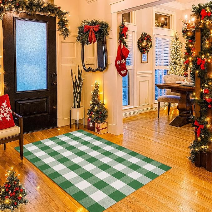 Christmas Green & White Plaid Rug - 4' x 6' Outdoor Front Door Decor Mat Cotton Washable Hand-Woven Rug Christmas New Year Holiday Porch Entryway Layered Doormat
