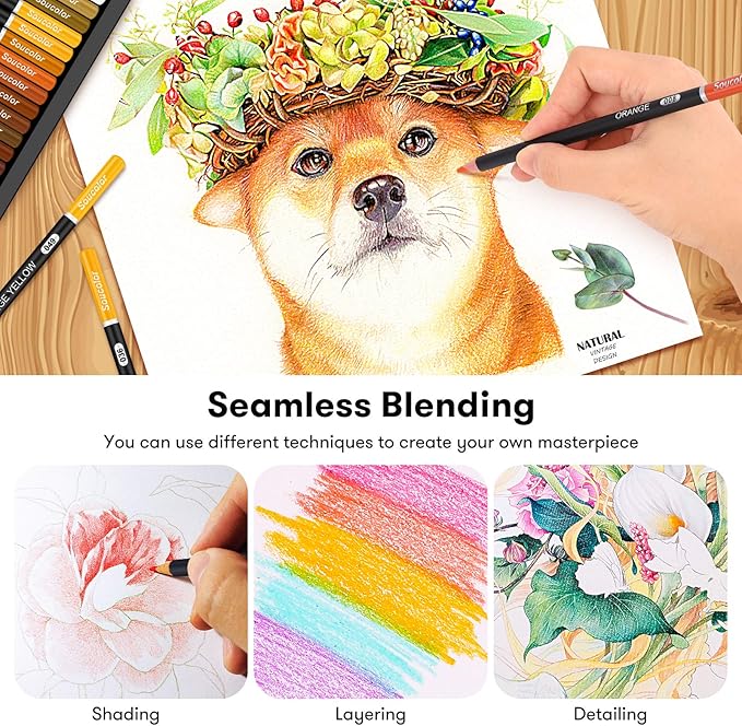Soucolor 180-Color Artist Colored Pencils Set for Adult Coloring Books, Soft Core, Professional Numbered Art Drawing Pencils for Sketching Shading Blending Crafting, Gift Tin Box for Beginners Kids