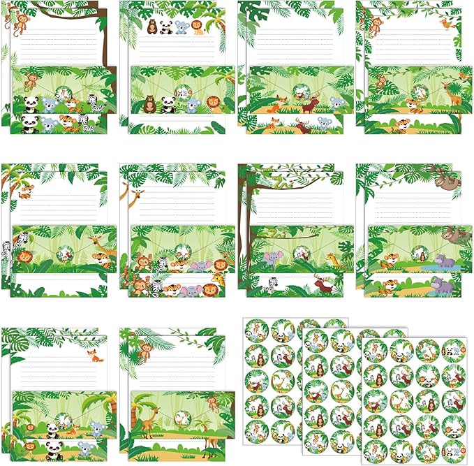 TaoBary 160 Packs Stationery Paper Set (50 Double Sided Stationery Writing Papers 50 Matching Envelopes) 60 Round Dot Sticker, 10 Design(Safari Animal,8.5 x 11 Inch)