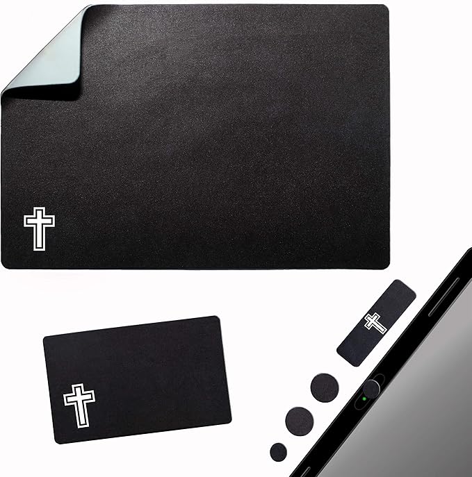 Mouse Pad Adhesive Bottom - Sticks to Any Surface - Portable - Webcam Covers and Screen Cleaner Included (Cross-Black)