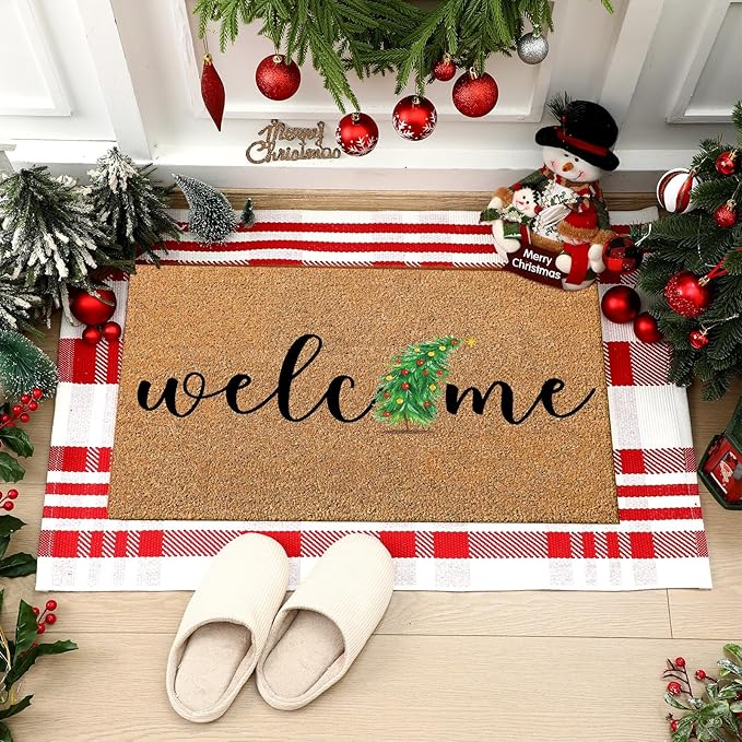 2 Pcs Christmas Door mat Outdoor Coir Outdoor Rugs Christmas Tree Welcome doormats Layered Red White Xmas Tree doormats for Front Porch Entryway Entrance Yard Decor
