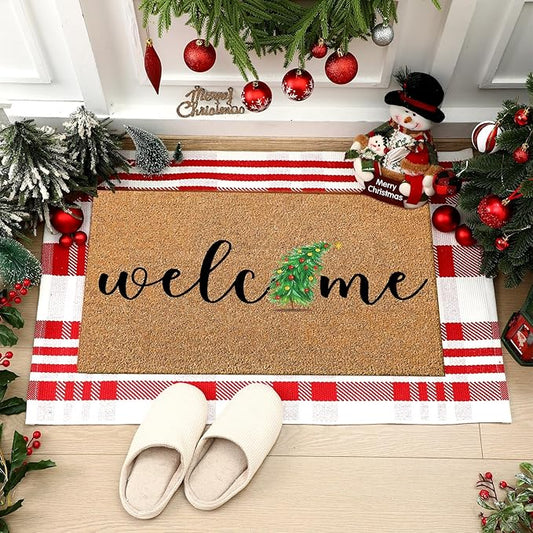 2 Pcs Christmas Door mat Outdoor Coir Outdoor Rugs Christmas Tree Welcome doormats Layered Red White Xmas Tree doormats for Front Porch Entryway Entrance Yard Decor
