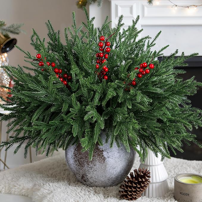 Artificial Faux Christmas Norfolk Pine Stems Branches for Vases,12 Bundles Fake Evergreen Real Touch Greenery Stem with 3 PCS Red Berry Branches for Xmas Holiday Winter Table Indoor Decor