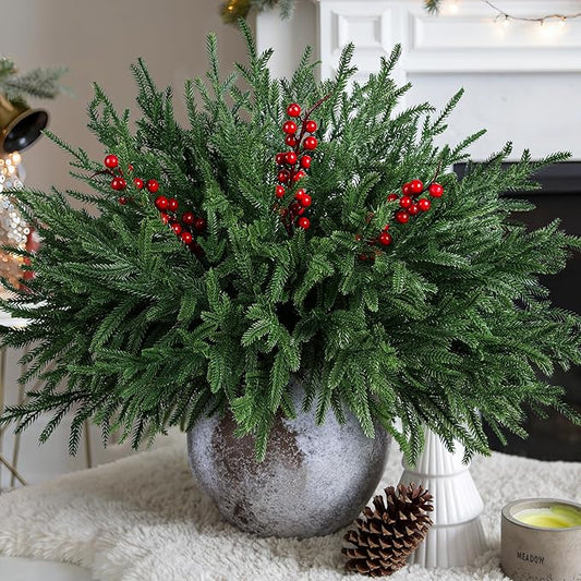 Artificial Faux Christmas Norfolk Pine Stems Branches for Vases,12 Bundles Fake Evergreen Real Touch Greenery Stem with 3 PCS Red Berry Branches for Xmas Holiday Winter Table Indoor Decor