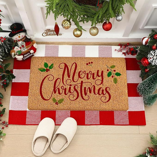 2 Pcs Merry Christmas Door Mat Outdoor Christmas Nature Coir Welcome Outdoor Rug Red White Checked Xmas Front Porch Rugs Non Slip Floor Mats Indoor Entrance Decor