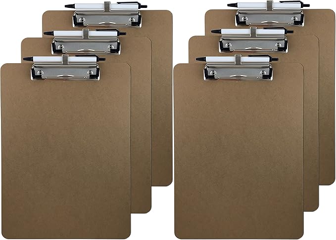 Pen Holder Clipboard, Letter Size, Low Profile Clip, Hardboard, 6-Pack (Pen Included)