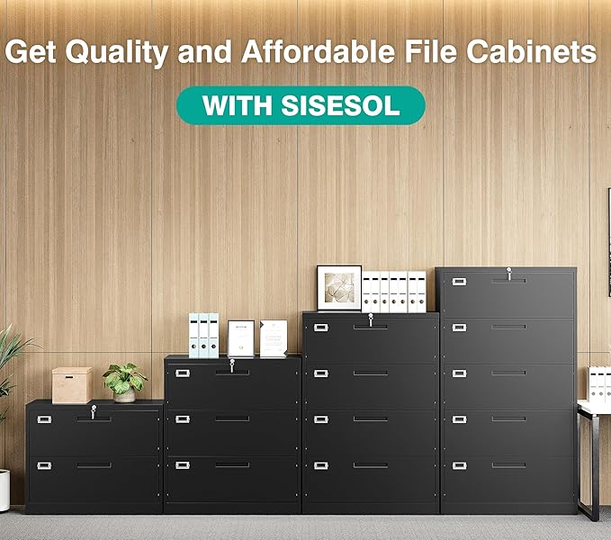 SISESOL 2 Drawer Lateral File Cabinet with Lock,Black Lateral Filing Cabinet,Horizontal Metal Filing Cabinets,Locked Wide Two Drawer File Cabinets for Office Home,Fit A4/F4/Letter/Legal File