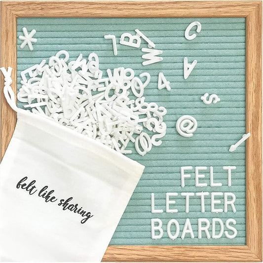 Light Seafoam Green Felt Letter Board, 10"x10" Changeable Letter Board + 300 White Plastic Letters, Warm Oak Frame Wooden Letter Board w/Sawtooth Wall Hanger & Drawstring Pouch w/Letterboard Letters