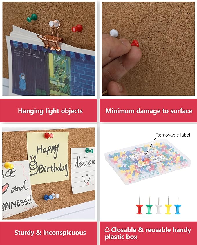 PAPERPAL 280 Assorted Color Push Pins for Cork Board, Colorful Thumb Tacks for Wall Hangings, Pushpins for Office School & Personal Use, Standard Size Push Pin Tacks