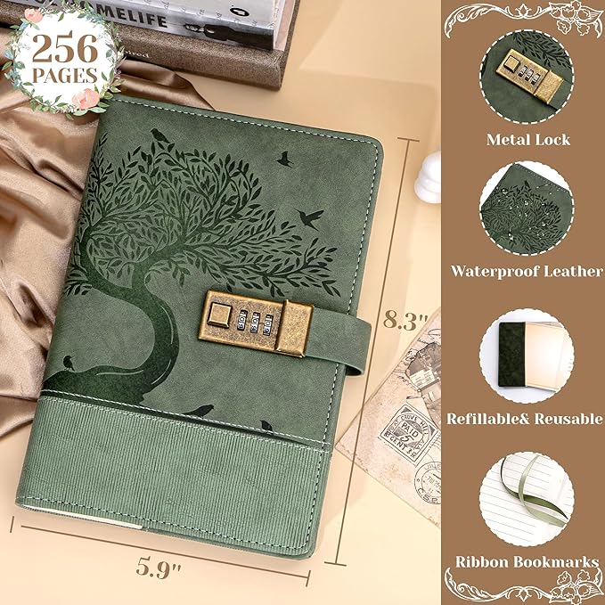 Vintage Diary with Lock for Women Girls 256 Pages Leather Journal with Lock A5 Password Locking Journals for Writing Note Taking Boys Men, 5.9x 8.3 in, Green