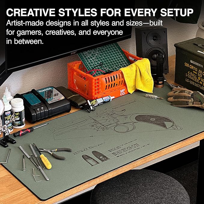 MPCO. Blueprints Large Gaming Desk Pad - 36" x 17" Duraglyde Fabric Pistol Webly Mark IV – Green Desk Mats - Non-Slip, Washable, Smooth Glide for Precision Gaming & Work