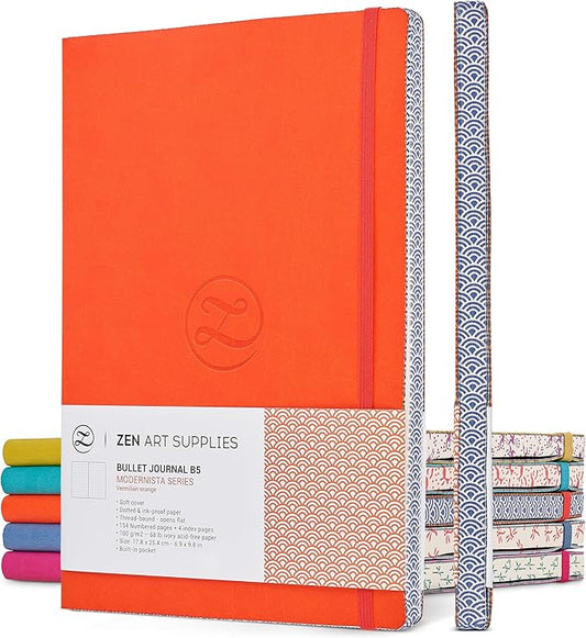 Soft Cover Large B5 Dotted Journal - Enjoy Bullet Journaling with a 7x10-inch, Non-Bleed Thick 120gsm Paper, Dot Journal in Orange, Japanese Edge Motif - Faux Leather Lay Flat Dot Notebook - ZenART
