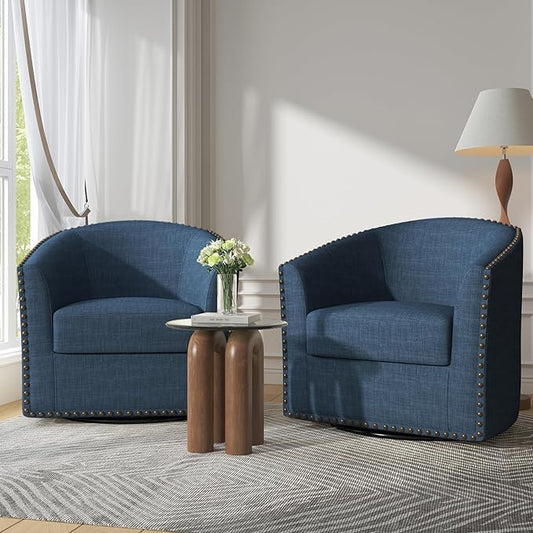 UIXE 360° Swivel Barrel Accent Chair Set of 2, Modern Upholstered Arm Chair Round Club Armchair, Nailhead Trim Single Sofa Seating in Fabric for Living Room - Blue