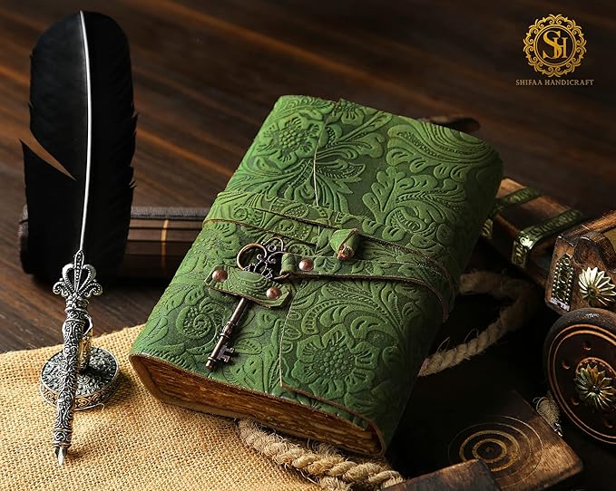 SH SHIFAA HANDICRAFT Leather Journal - Antique Handmade Deckle Edge Vintage Paper Leather Bound Journal - Book of Shadows Journal - Leather Sketchbook - Drawing Journal - Great Gift (Green) (8x6)