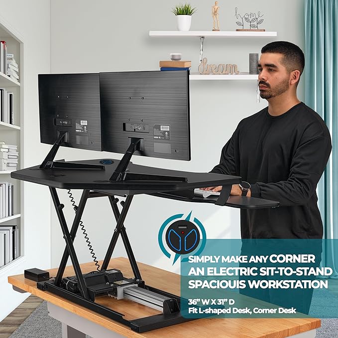 VERSADESK® PowerPro™ 36" Corner Standing Desk Converter, 36 Inch Motorized Height-Adjustable Standup Desk Riser Sit to Stand Desktop with Keyboard and Mouse Tray + USB Charging Port, Black