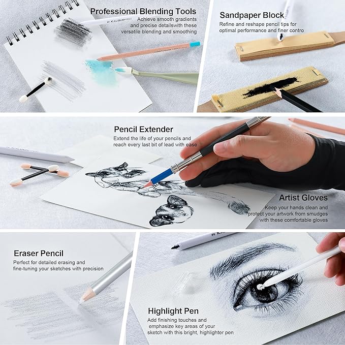 KALOUR 95-Piece Sketching and Drawing Art Set with 3-color Sketch Book and Pastel Paper – Graphite, Charcoal, and Pastel Pencils – Complete Artist Kit for Beginners and Professionals