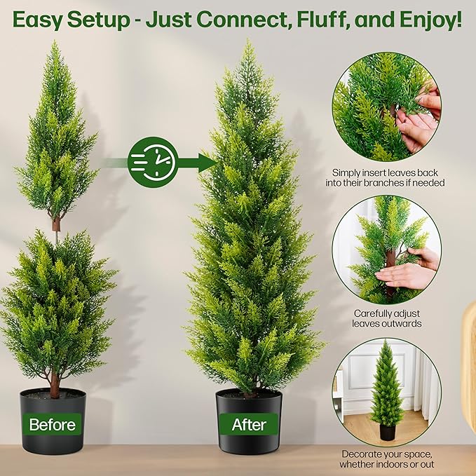 Artificial Cedar Tree 3ft - Outdoor or Indoor - Weather and UV-Resistant Artificial Outdoor Plants - Front Porch | Garden - Faux Cedar Tree - Set of 2