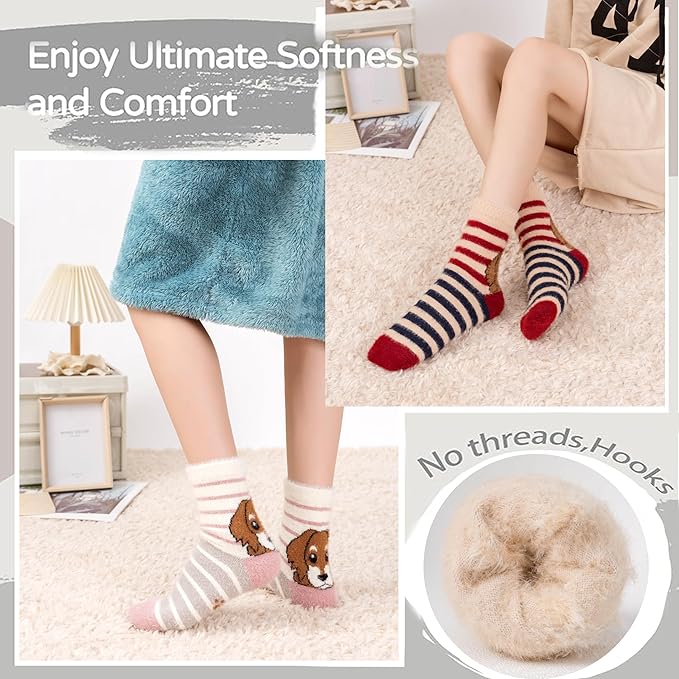 ICEIVY 5 Pair Fuzzy Cozy Socks for Women - Warm Comfy Soft Casual Home Sleep Winter Wool Socks - Gifts for Women