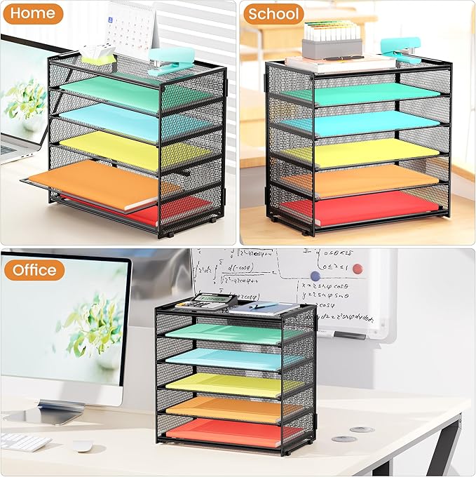 2 Pack 6 Tier Paper Organizer, Metal Mesh Desk File Folder, Letter Tray Organizer, Paper Sorter Desk Organizers for Office, Home or School File Folder Holder - Black