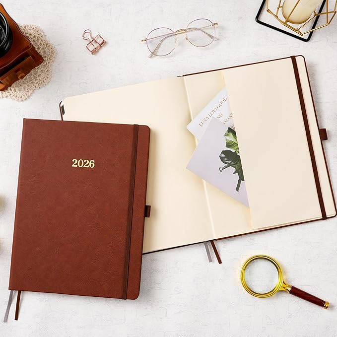 Vondafe 2026 Planner - Weekly and Monthly Planner 2026, Jan.2026 - Dec.2026, 9" x 11", 2026 Calendar Planner with Inner Pocket + Elastic Closure + Pen Loop + Bookmarks, Leather Hardcover - Brown