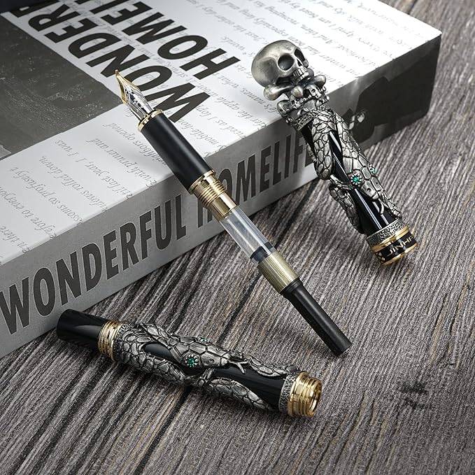Jinhao Black Snake Fountain Pen Bent Nib Fude Pen with Skull Head Solid Metal