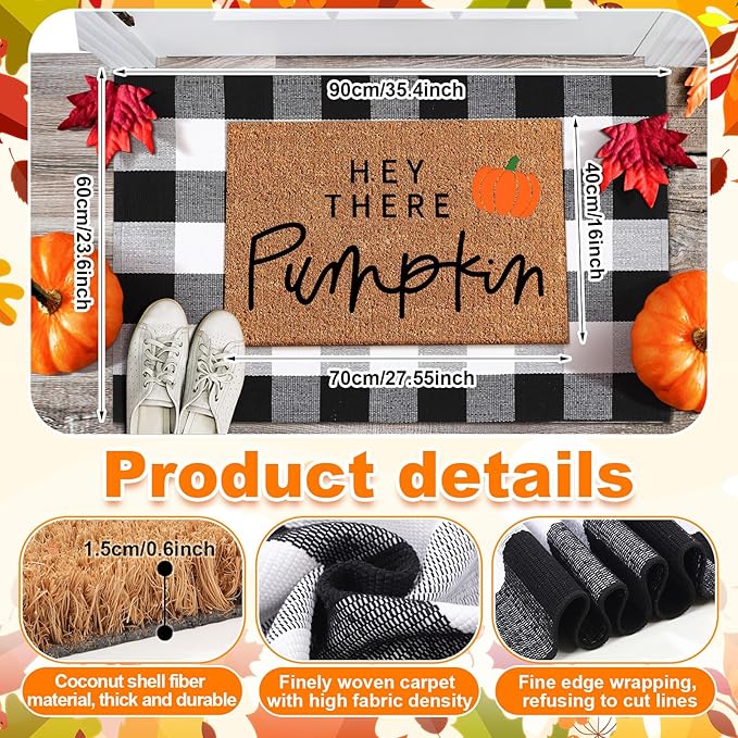 2 Pcs Fall Coir Doormat Outdoor Hey Pumpkin Welcome Outdoor Rugs for Layered Buffalo Black White Plaid Mats for Thanksgiving Autumn Fall Front Door Porch Entryway Decor