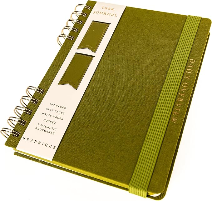Daily Task Journal by Graphique Luxe Collection, Fabric-Wrapped Hardcover Spiral Notebook for Planning & Writing, Priority List Planner with Magnetic Bookmarks & Gold Foil Embossing,192 Pages, 6” x 8”, Olive Green