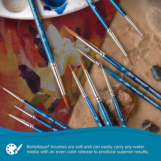 Silver Brush Limited BA-2761S BelleAqua Creative Shape 2pc Dagger Striper Watercolor Brush Set, Professional Soft Synthetic Red Sable Short Handle Artist Painting Brushes, Sizes 1/4 and 3/8 Inch