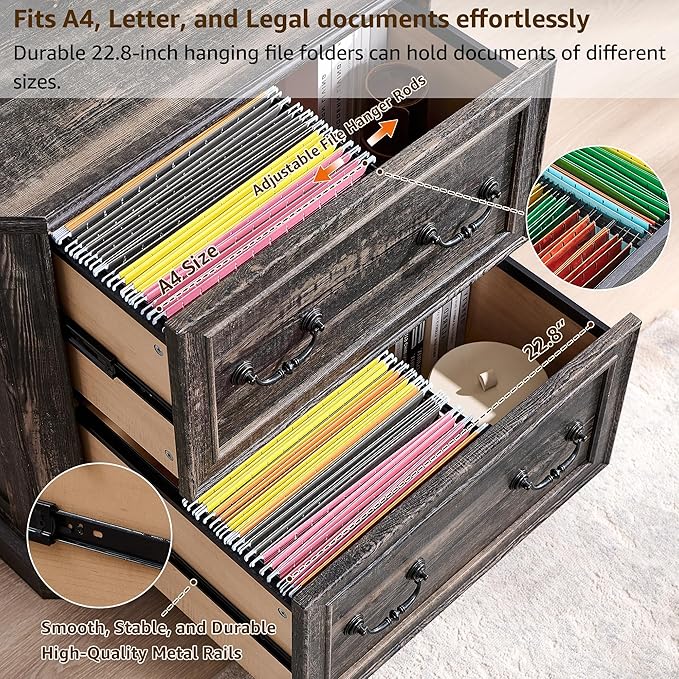 T4TREAM 2 Drawer File Cabinet-30 Wide Wooden Extended Desktop, Farmhouse Filing Cabinet with Smooth Rails, Holds Letter/Legal/A4, Hexagonal Design & Framed Drawer Fronts, Reclaimed Barnwood