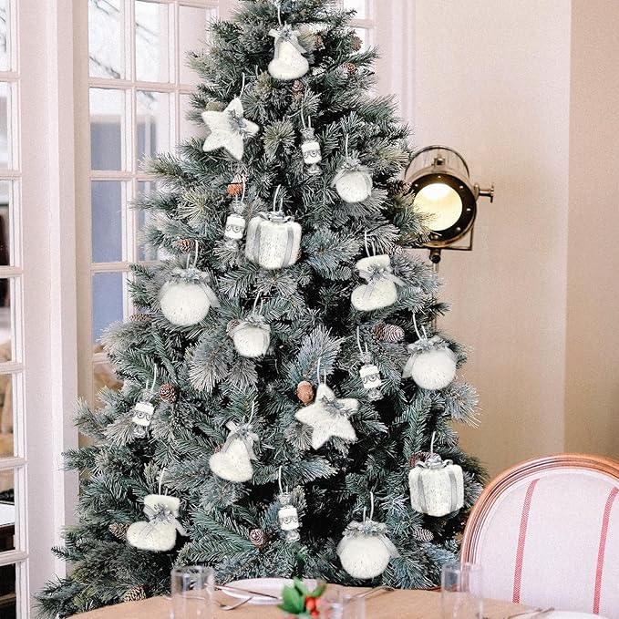 Nature Vibe Set of 18 Faux Fur White Christmas Ornaments in Gift Box,Ornament Balls and Hanging Stars with Silver Accent as Christmas Tree Decorations or Winter Wonderland Decorations
