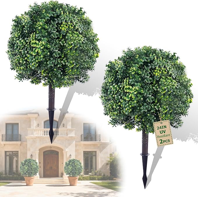 27.7 inch Artificial Boxwood Christmas Trees, Faux Boxwood Topiary with Spikes, Weatherproof UV Resistant Fake Shrubs Plants for Outdoor Front Porch Planters, Christmas Porch Balls Decor, 2 Sets