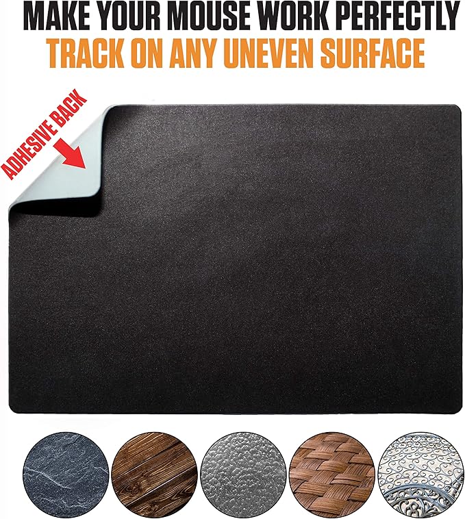 Mouse Pad Adhesive Bottom - Sticks to Any Surface - Portable - Webcam Covers and Screen Cleaner Included (Blank Black)