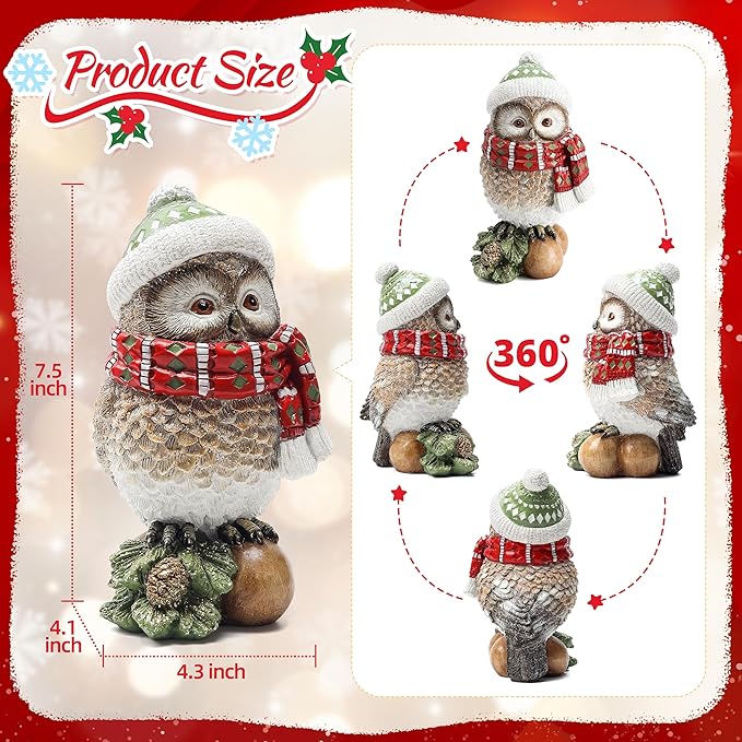 Christmas Owl Figurines for Holiday Decorations, Xmas Owl Statues Decor for Shelf Table Bookshelf Office Home Decor,Winter New Year Decoration -Indoor Christmas Statue Owl Gifts for Bird Lovers Women