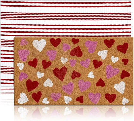 2 Pcs Valentine's Day Coir Welcome Doormat Outdoor Valentine's Day Rug Layered Red and White Stripe Mat Red Heart Mat for Front Porch Outdoor Entryway