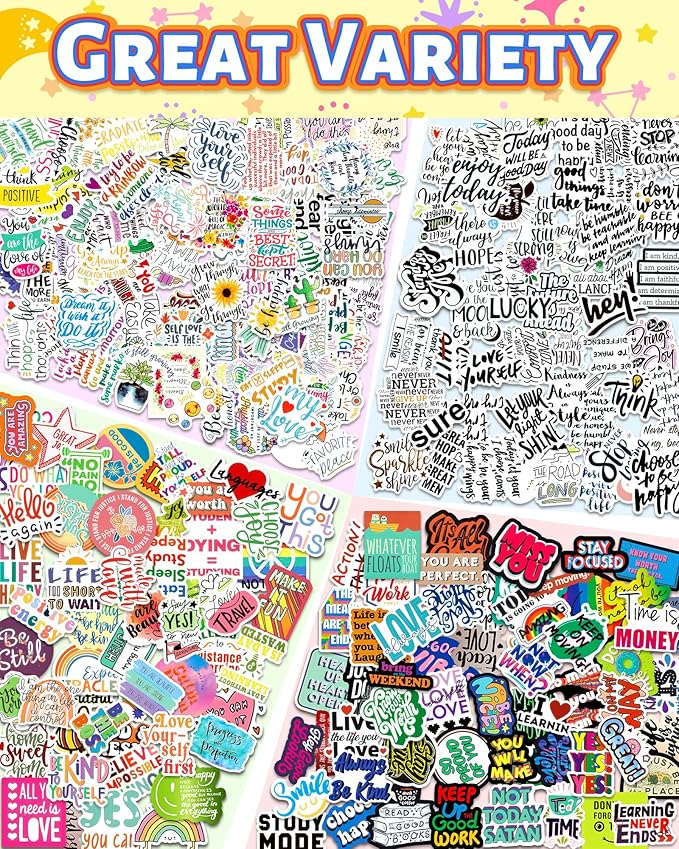 Greingways 300 PCS Inspirational Stickers for Adults, Motivational Water Bottle Stickers for Teens Kids Teachers, Journaling Scrapbook Laptop Positive Quote Vinyl Sticker for Vision Board Supplies