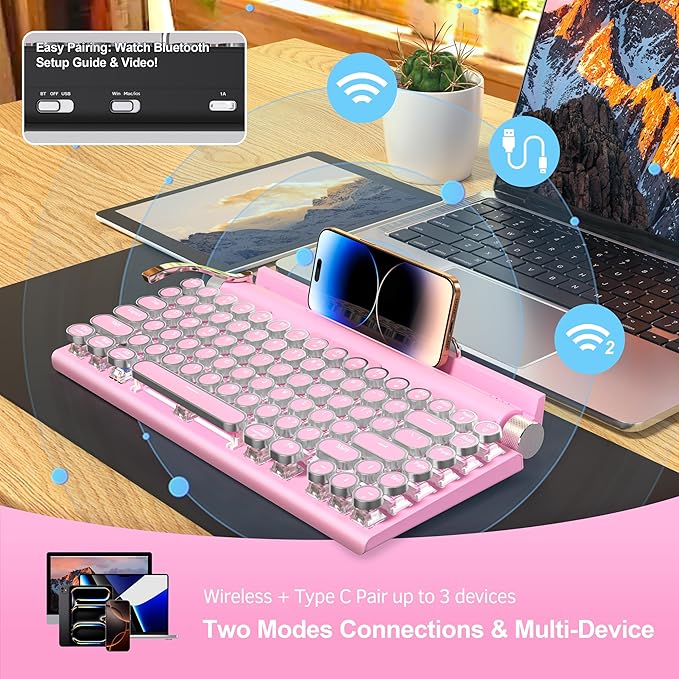 Retro Typewriter Wireless Mechanical Gaming Keyboard, Bluetooth 5.0 Office Computer Vintage Keyboards 83-Key Blue Switches Punk Round Keycap, LED Backlight, Compatible with PC/Laptop/Pad/Phone, Pink
