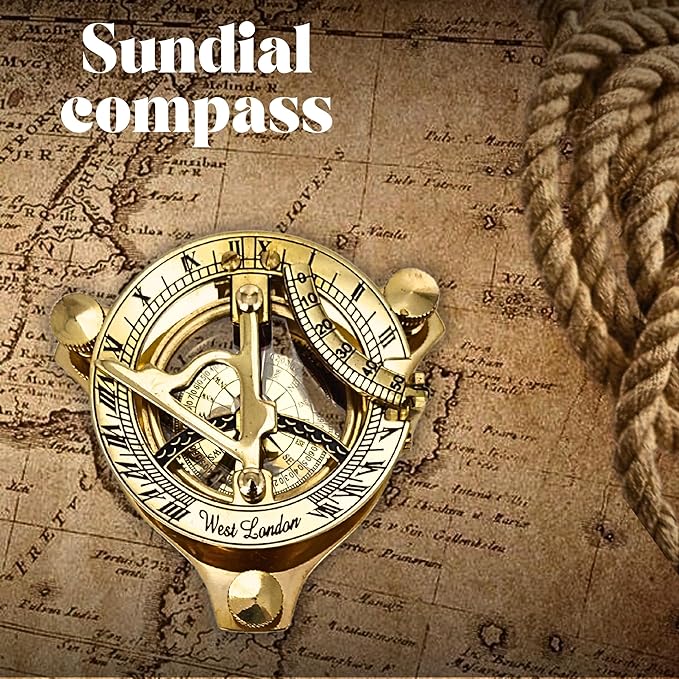 Antique Brass & Copper Sundial Compass, Sundial Clock in Box Gift Sun Clock Ship Replica Watch, Nautical Gifts for Men, Unique Nautical Decor, Naval Maritime Sundial (#4 Golden Sundial)