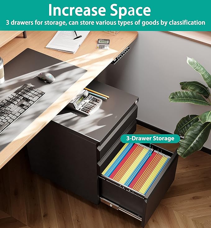 SISESOL 3 Drawer Mobile File Cabinet with Lock,Black Under Desk File Cabinets with Wheels,Rolling Metal Filing Cabinet for Home Office,Fit Legal/Letter/a4 File,Fully Assembled Except Caster