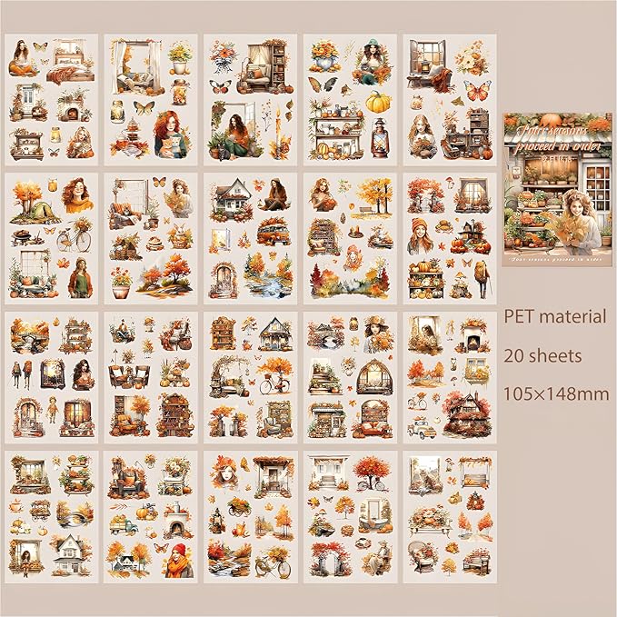 Snycler 20 Sheets PET Stickers - Vintage Journaling, Scrapbooking Supplies, DIY Craft Stickers for Junk Journals, Ephemera Sticker Book, Seasonal Themes (Autumn), Pre-Cut Designs