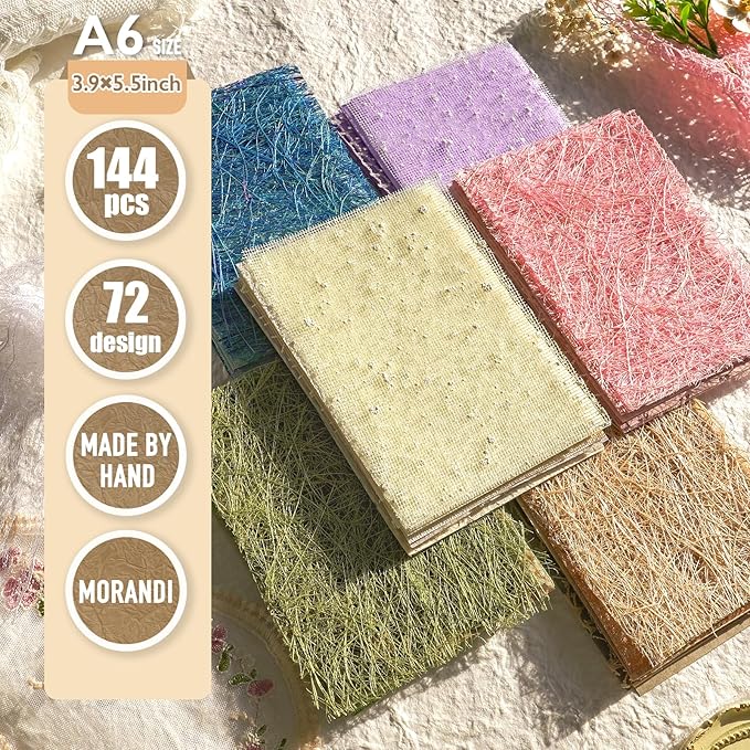 144 Sheets Textured Scrapbook Paper and Mesh Fabric Set - 6 Pack Assorted Mixed Special Paper for Scrapbooking Planner Bullet Junk Journal Supplies Media Collage Card Embellishments 3.9x5.5 Inch