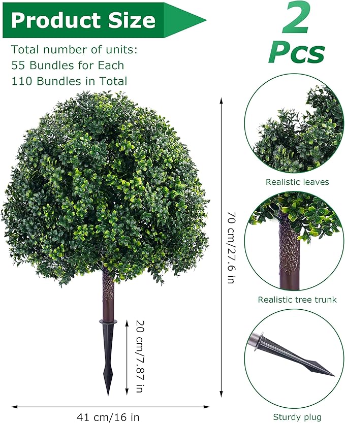 24inch Artificial Boxwood Christmas Trees, Faux Boxwood Topiary with Spikes, Weatherproof UV Resistant Fake Shrubs Plants for Outdoor Front Porch Planters, Christmas Porch Balls Decor, 2 Sets