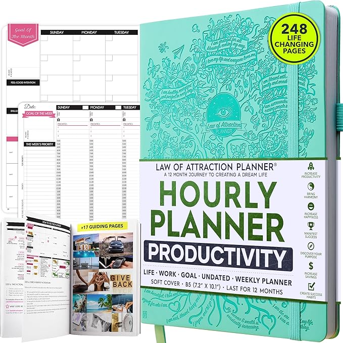 Hourly Planner – Undated Weekly & Monthly Goal Setting Planner, 12-Month to Increase Productivity | Life & Gratitude Journal, Include Foldable Vision Board, Gift Box & Stickers