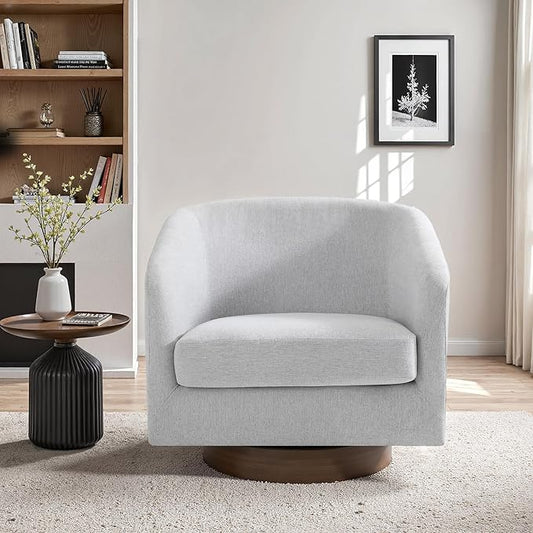 UIXE Swivel Accent Chair with Wood Base, Chenille Upholstered Barrel Chairs for Living Room, Comfy Round Armchair Single Sofa Bedroom Reading Seat - 31" W, Beige