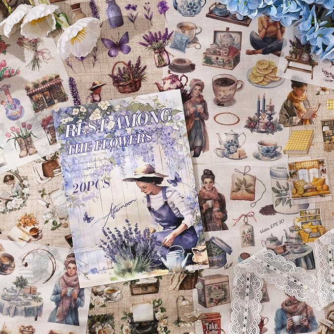 TIAMECH Flowers Resting Sticker Book - Lavender Girl Series, 20 Sheets PET & Washi Stickers for Scrapbooking, Ephemera, Waterproof Junk Journaling Supplies & DIY Crafts (Size 10.5 x 7.1in)