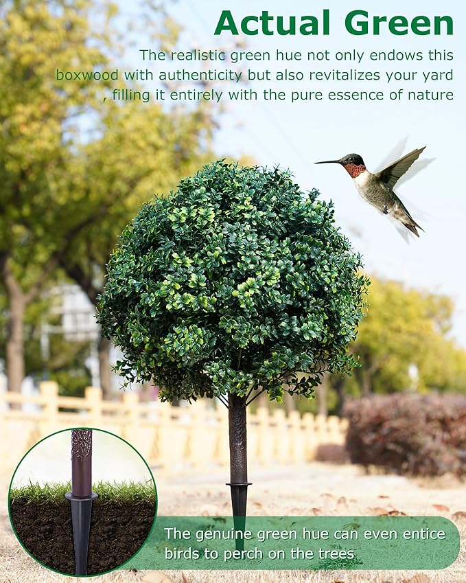 24inch Artificial Boxwood Christmas Trees, Faux Boxwood Topiary with Spikes, Weatherproof UV Resistant Fake Shrubs Plants for Outdoor Front Porch Planters, Christmas Porch Balls Decor, 2 Sets